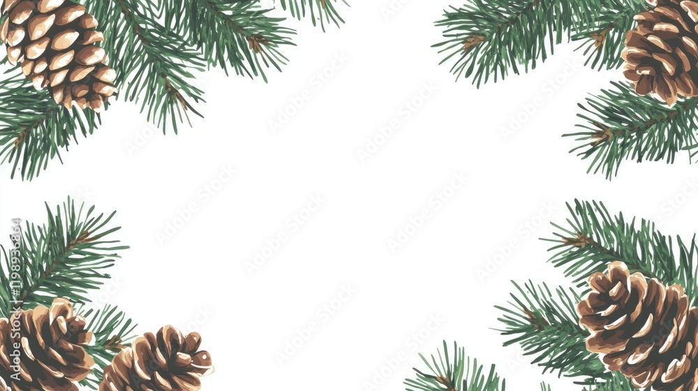 Poster pine branches and cones frame with white background for text copy space seasonal design elements