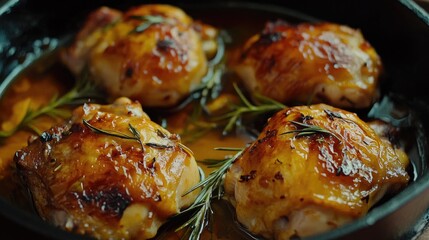 Roasted chicken thighs with rosemary in a dark cast iron skillet on a wooden surface Copy Space