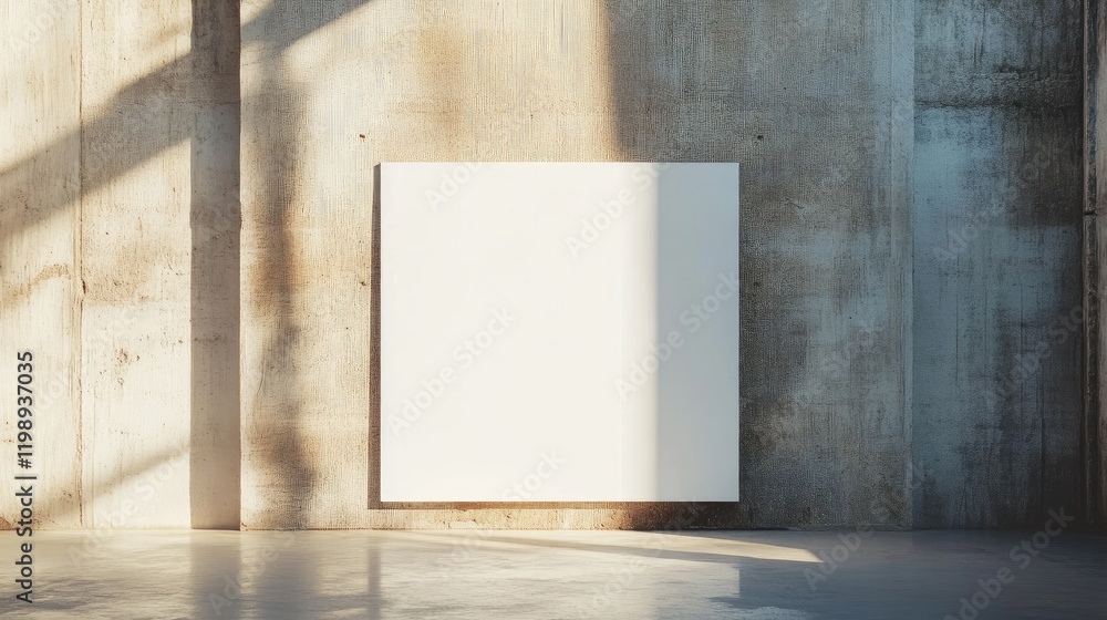 Poster blank white canvas mounted on a concrete wall in an empty gallery space with soft natural light and 