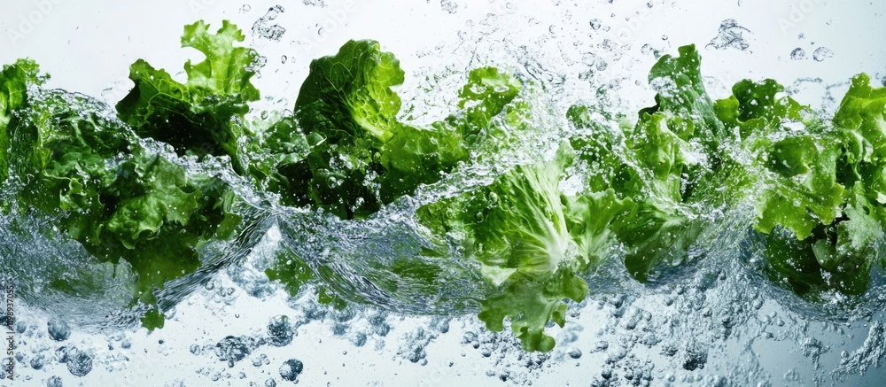 Poster fresh green lettuce splashing in water on a white background with copy space for text placement