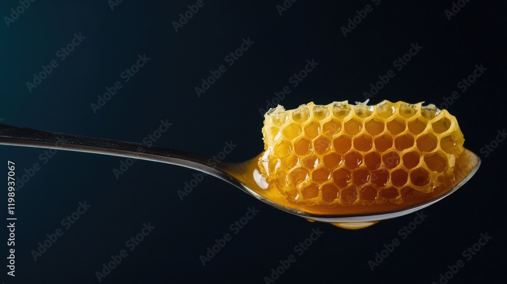 Poster honeycomb on a spoon against a dark background with copy space for text or graphics