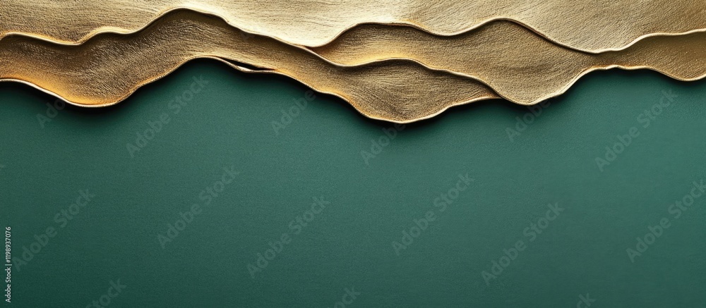 Poster abstract modern art texture with gold waves on green background featuring copy space for text placem