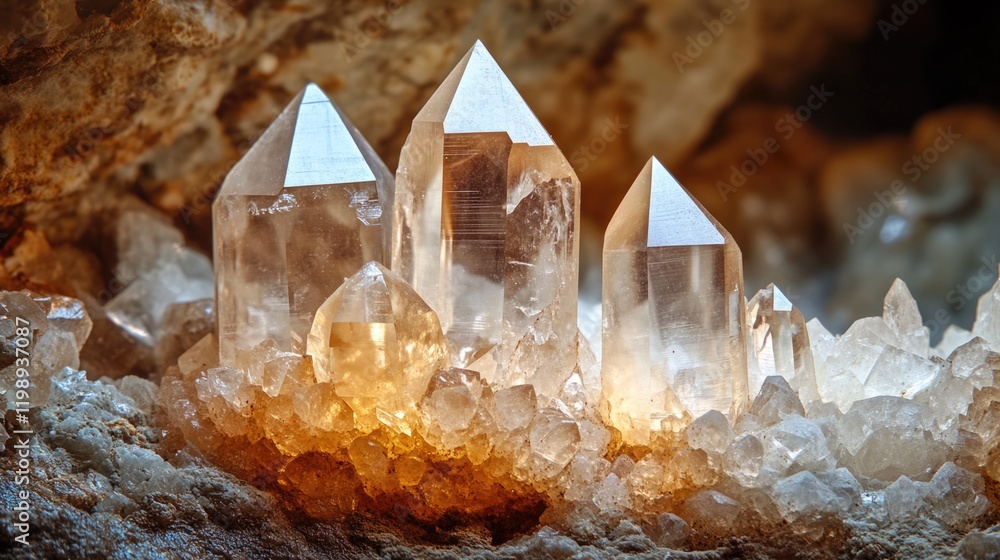 Poster crystal formations with sharp points and translucent surfaces illuminated, showcasing intricate deta