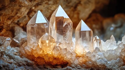 Crystal formations with sharp points and translucent surfaces illuminated, showcasing intricate details and colors on a rocky background, Copy Space.