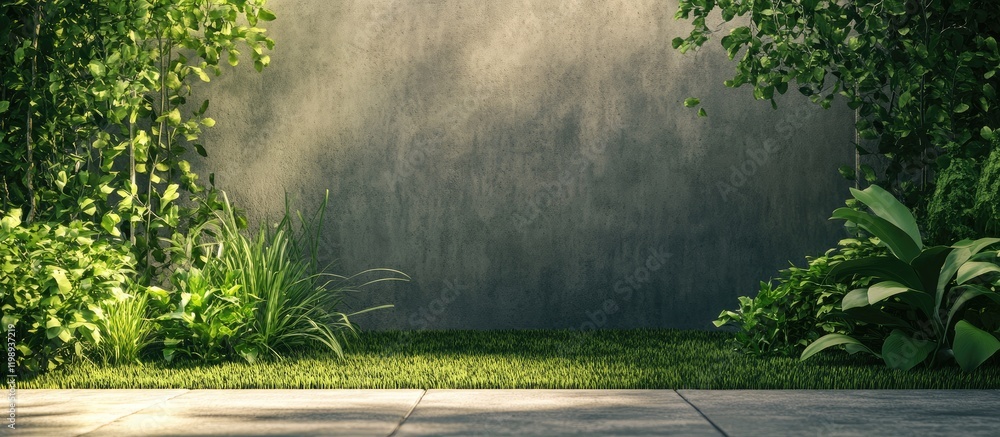 Poster greenery framed against a textured wall with a concrete pathway and ample copy space for text placem