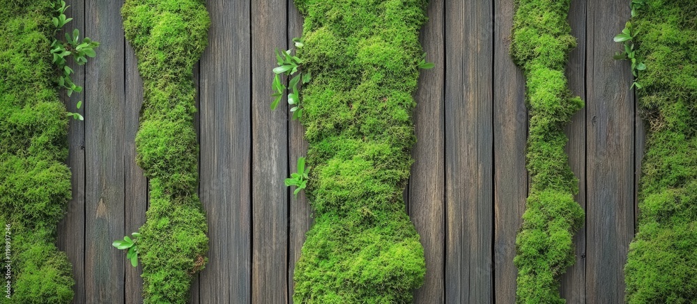 Poster wooden wall covered with vibrant green moss and small plants creating a natural texture and pattern 