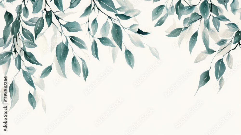 Poster green leaves branch with soft watercolor effect on a light background featuring ample copy space for