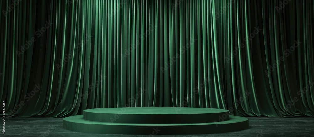 Poster green stage with curtains and circular platform for performances with copy space for text placement