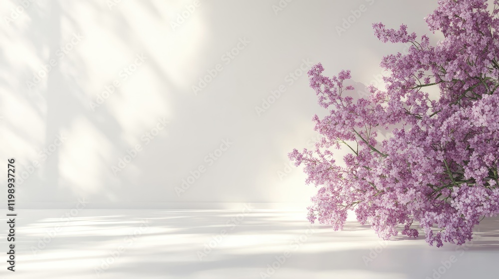 Poster purple flowers with soft shadows on light background providing ample copy space for text placement.