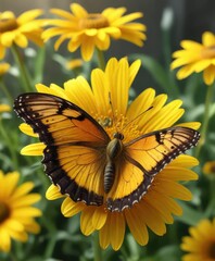 A butterfly with pollen on its body lands on a bright yellow daisy, yellow flowers, spring flowers