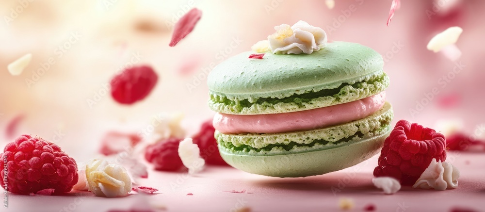 Poster green macaron with raspberry filling surrounded by raspberries and decorative elements on a soft pin