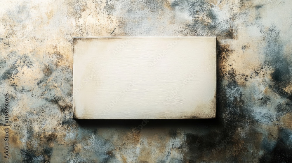 Poster blank rectangular canvas on textured grunge background with gold and silver tones and ample copy spa