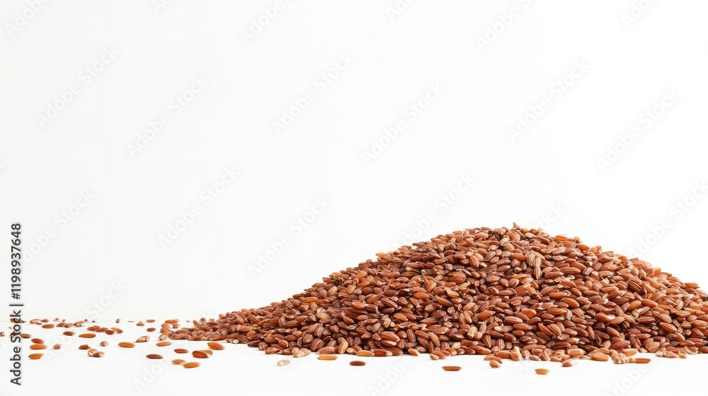 Poster brown flax seeds piled on a white background with ample copy space for text placement.