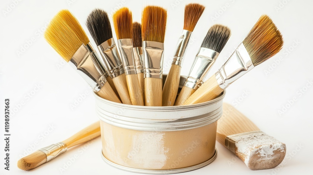 Poster assorted paint brushes in a container with copy space for text on a plain background