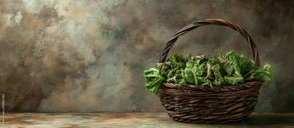 Poster woven basket filled with fresh green lettuce against a textured rustic background with copy space fo