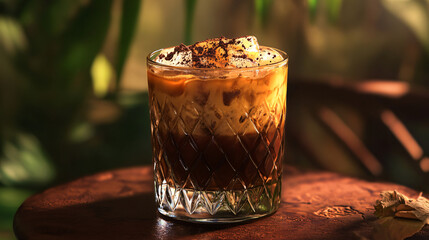 A Mai Tai with dark espresso infusion, topped with cocoa powder and served in a short glass.