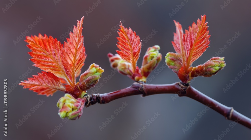 Poster close-up of vibrant new leaf growth on a tree branch with budding flowers and copy space for text pl