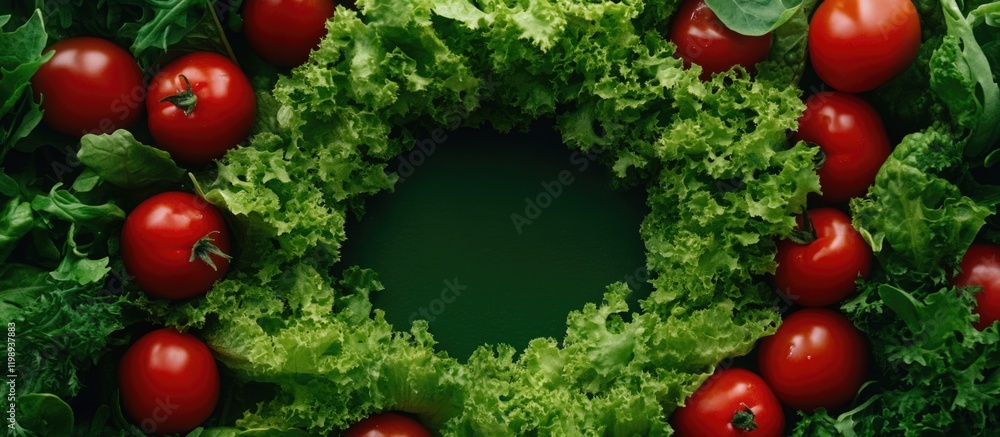 Poster fresh vegetables arranged in circular pattern with tomatoes and lettuce on dark background, includes