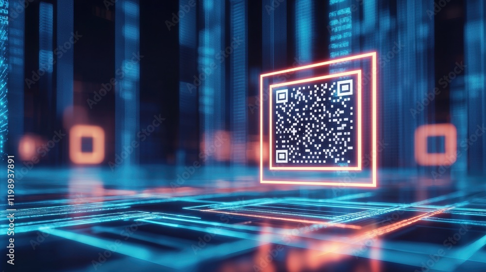 Poster a futuristic qr code surrounded by digital elements, representing technology, data, and connectivity