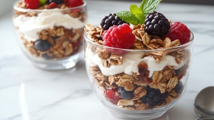 Layered dessert with granola, yogurt, mixed berries, and mint leaves in glass jars on a marble surface with Copy Space