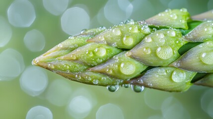 The close-up reveals the unique texture of an asparagus spear, showcasing its pointed buds and the gentle accumulation of droplets, glistening like jewels in the soft light