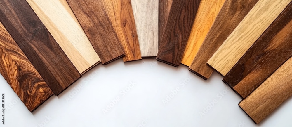 Poster collection of various wood samples arranged in an arc shape on a white background with ample copy sp