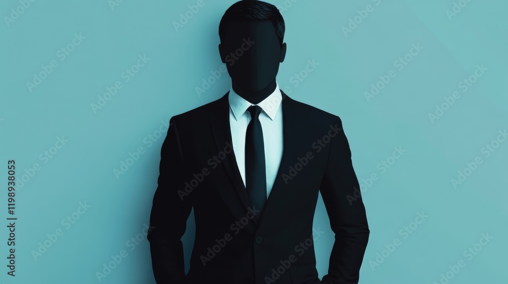 Poster silhouette of a man in a suit with a blank face against a blue background showcasing copy space for 