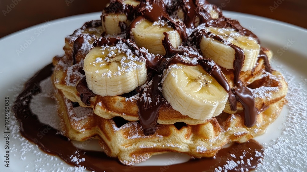 Poster stack of golden waffles topped with sliced bananas drizzled with chocolate sauce and dusted with pow