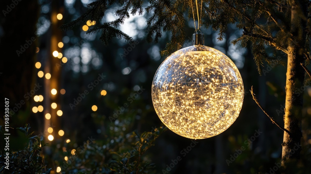 Aufkleber illuminated glass orb ornament with fairy lights hanging on tree branches in a dark forest setting w