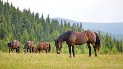Horses grazing peacefully in a lush, green meadow with trees.