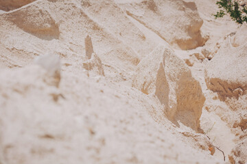 Open-cast mining. Chalk hills. Chalk surface. limestone quarry. Interesting form of relief. Amazing hills and ground. Dry areas of the earth. Global warming