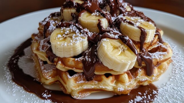 Stack of golden waffles topped with sliced bananas drizzled with chocolate sauce and dusted with powdered sugar on a white plate Copy Space