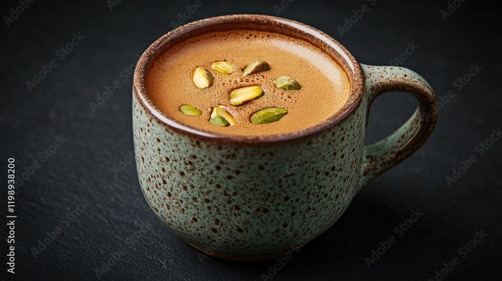 Poster close-up of a rustic coffee cup filled with coffee and topped with pistachio nuts on a dark slate ba