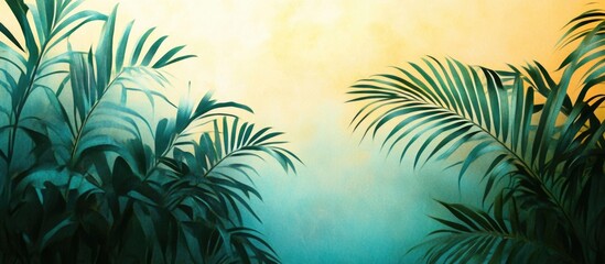 tropical foliage with palm leaves against a gradient background of orange and teal colors featuring ample copy space