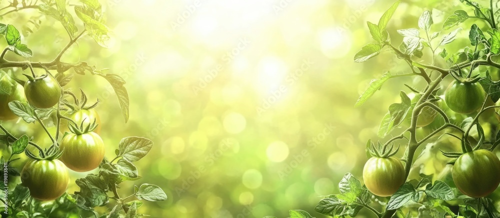 Poster green tomatoes growing on vines with soft sunlight and bokeh background providing ample copy space f