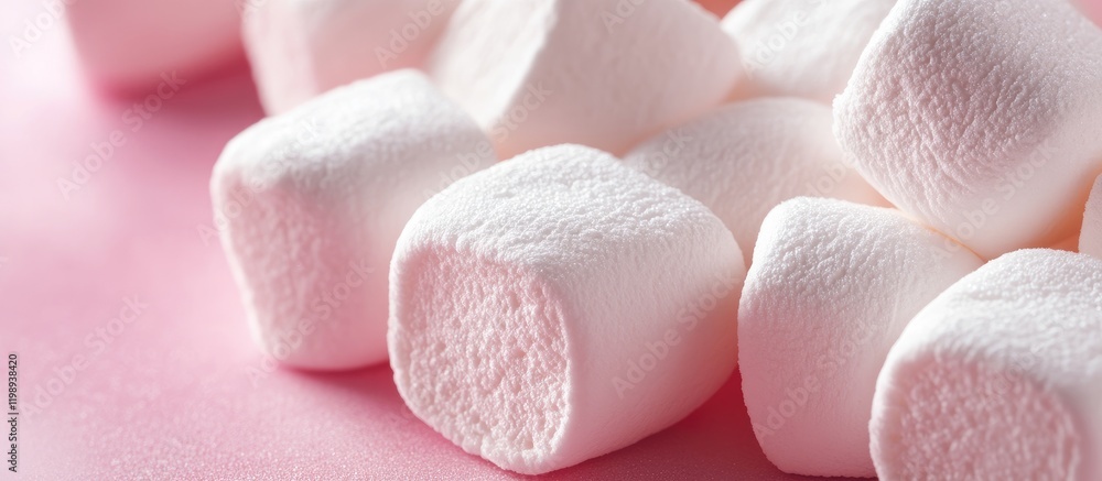 Poster close-up of soft marshmallows on a pink background with ample copy space for text or design elements