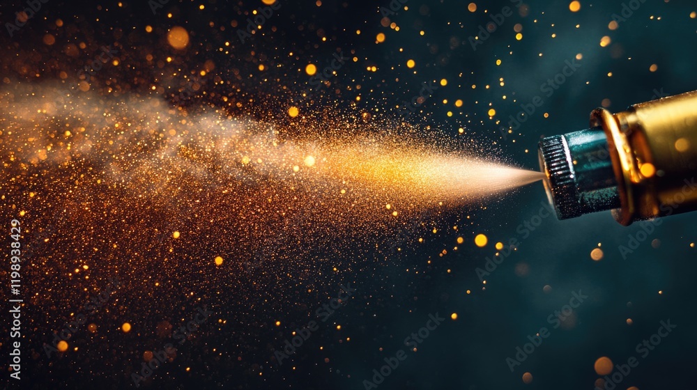 Poster golden spray of dust and particles dispersing from a nozzle on a dark background with bokeh effect c