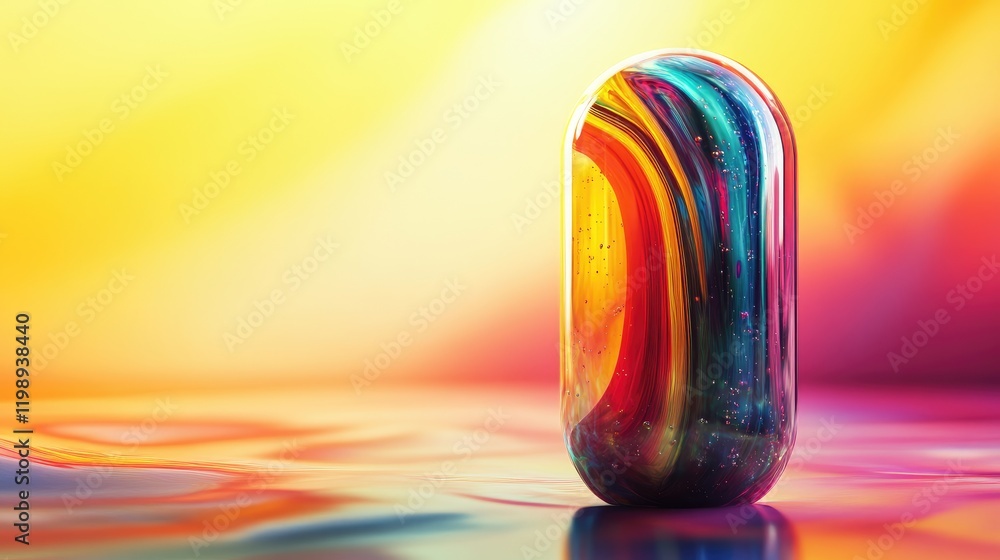 Poster vibrant abstract capsule with colorful liquid reflection on glossy surface against warm gradient bac