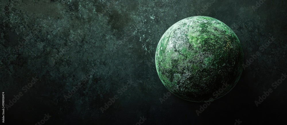 Poster green textured planet with dark cosmic background featuring ample copy space for text placement