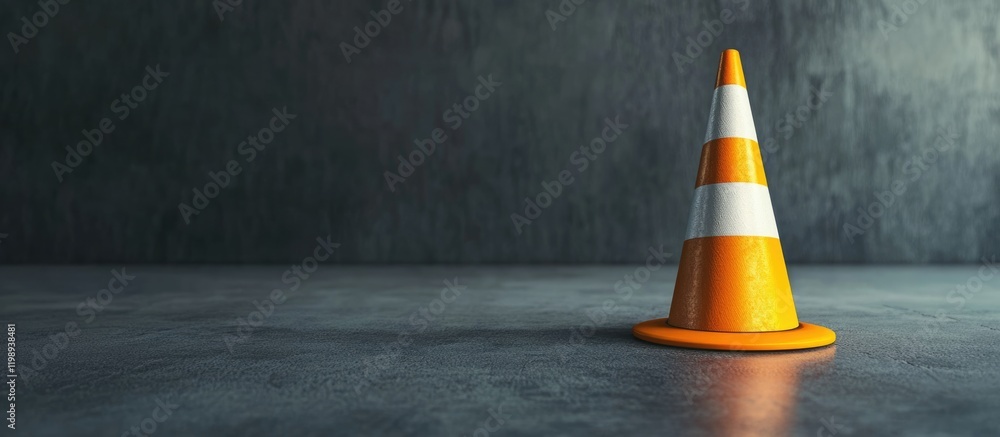 Poster orange traffic cone on a smooth gray surface with textured wall background and copy space for text p