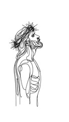 Fototapeta premium Jesus with crown of throne, side view, single continuous line isolated white