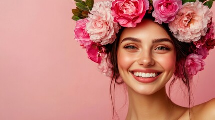 Naklejka premium Smiling Woman with Pink Flower Crown on Pink Background