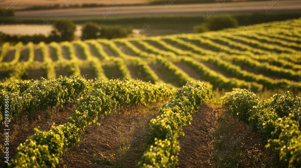 Poster vineyard landscape with rows of grapevines under warm sunlight and copy space for text placement