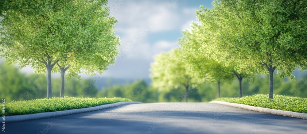 Aufkleber lush green trees lining an empty road under a partly cloudy sky with copy space for text placement