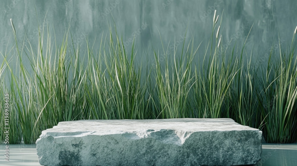 Poster green grass backdrop with a textured stone platform for product presentation and advertisement; copy