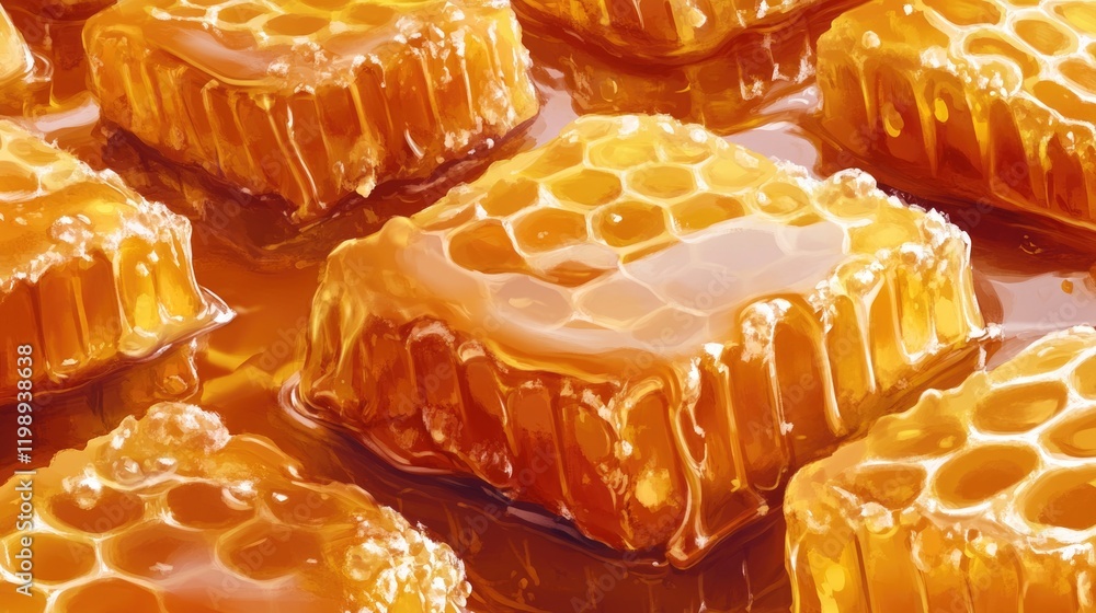 Poster close-up of golden honeycomb pieces submerged in honey with droplets on surface and copy space for t