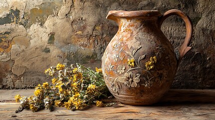 Rustic clay pitcher, dried flowers, textured wall, still life, home decor