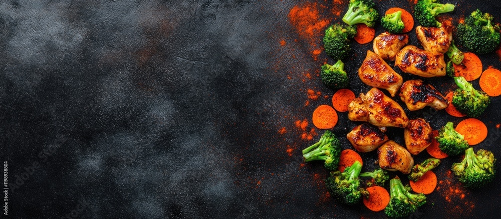 Poster grilled chicken with broccoli and carrots arranged on dark background with copy space for text