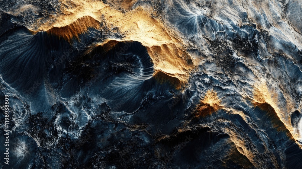 Poster abstract texture of dark rocky surface with golden highlights and intricate patterns copy space
