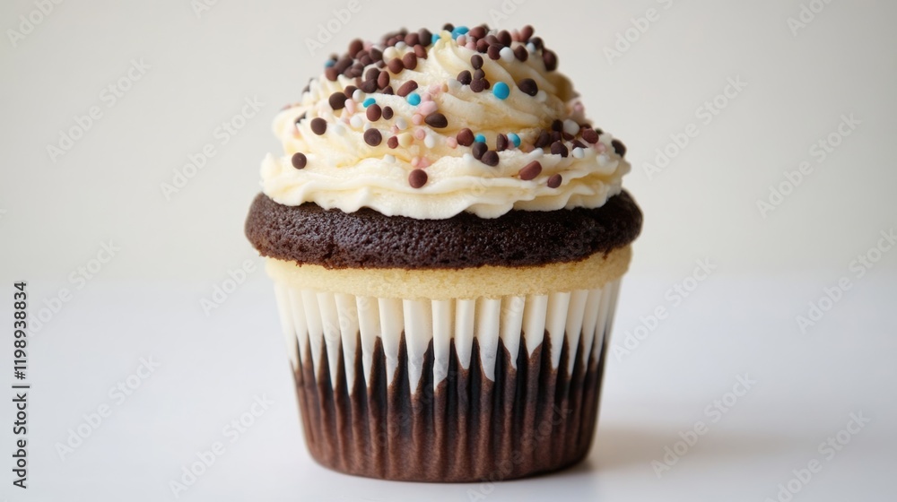 Poster chocolate cupcake with vanilla frosting and colorful sprinkles on top against a light background wit